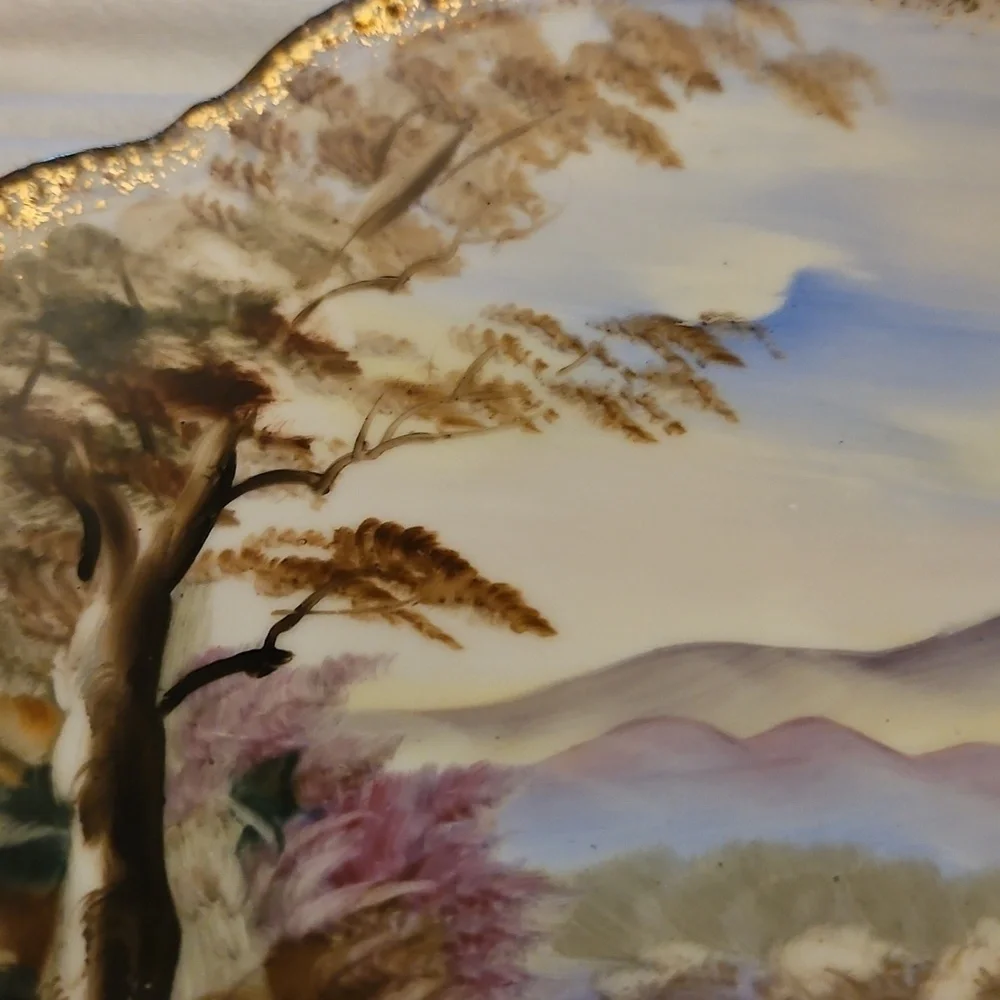 WALES MCM Japanese Handpainted Country Scene Scallop Porcelain Wall Plates